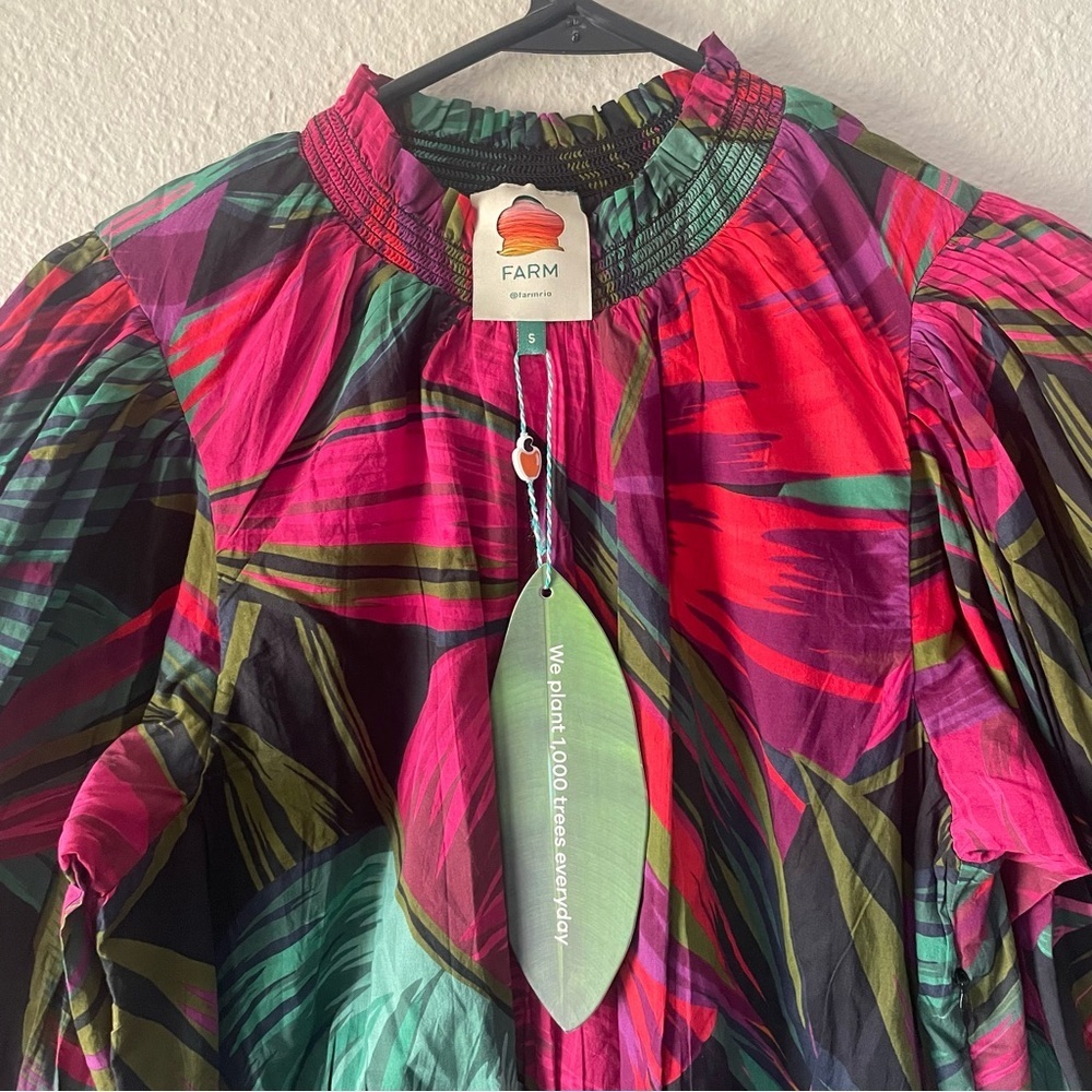 FARM Rio Midnight Leaves Mini Dress Women’s S Smocked Ruffle Puff Sleeve Cotton - Picture 3 of 16